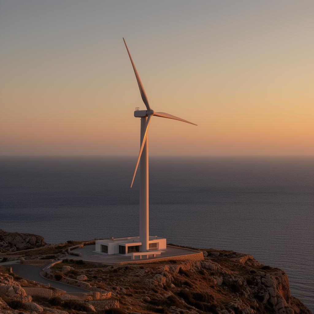 Wind turbines over the Greek landscape at dusk